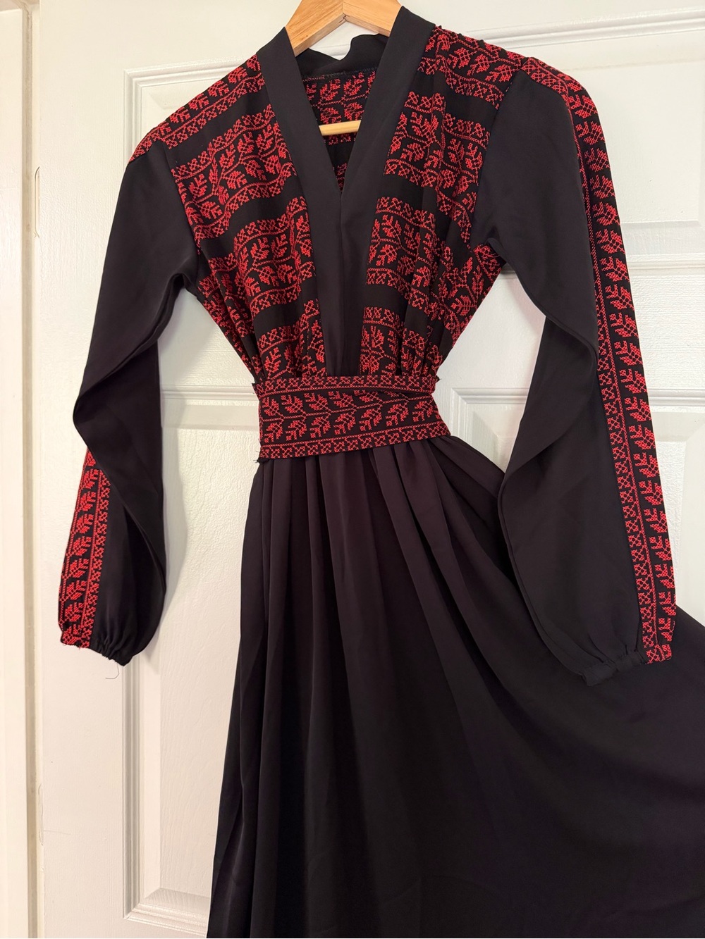 Embroidered Black Dress with Red Folk Detailing